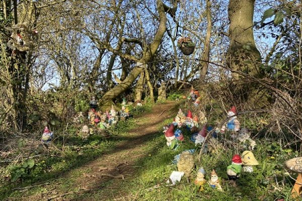 Clay gnomes on a bank in the wood